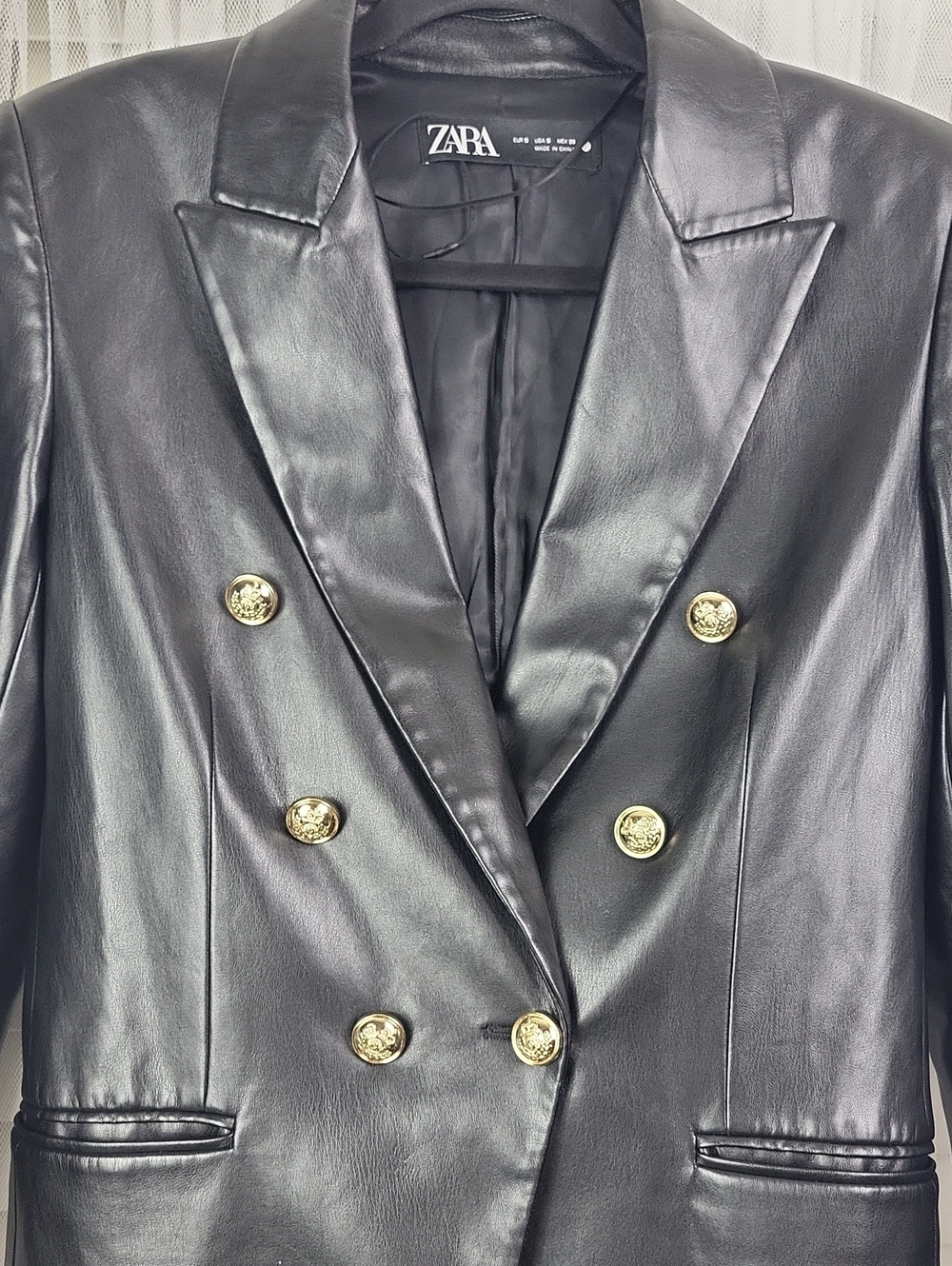 Zara Women's Black Faux Leather Double-Breasted Blazer. Size S - Picture 5 of 16